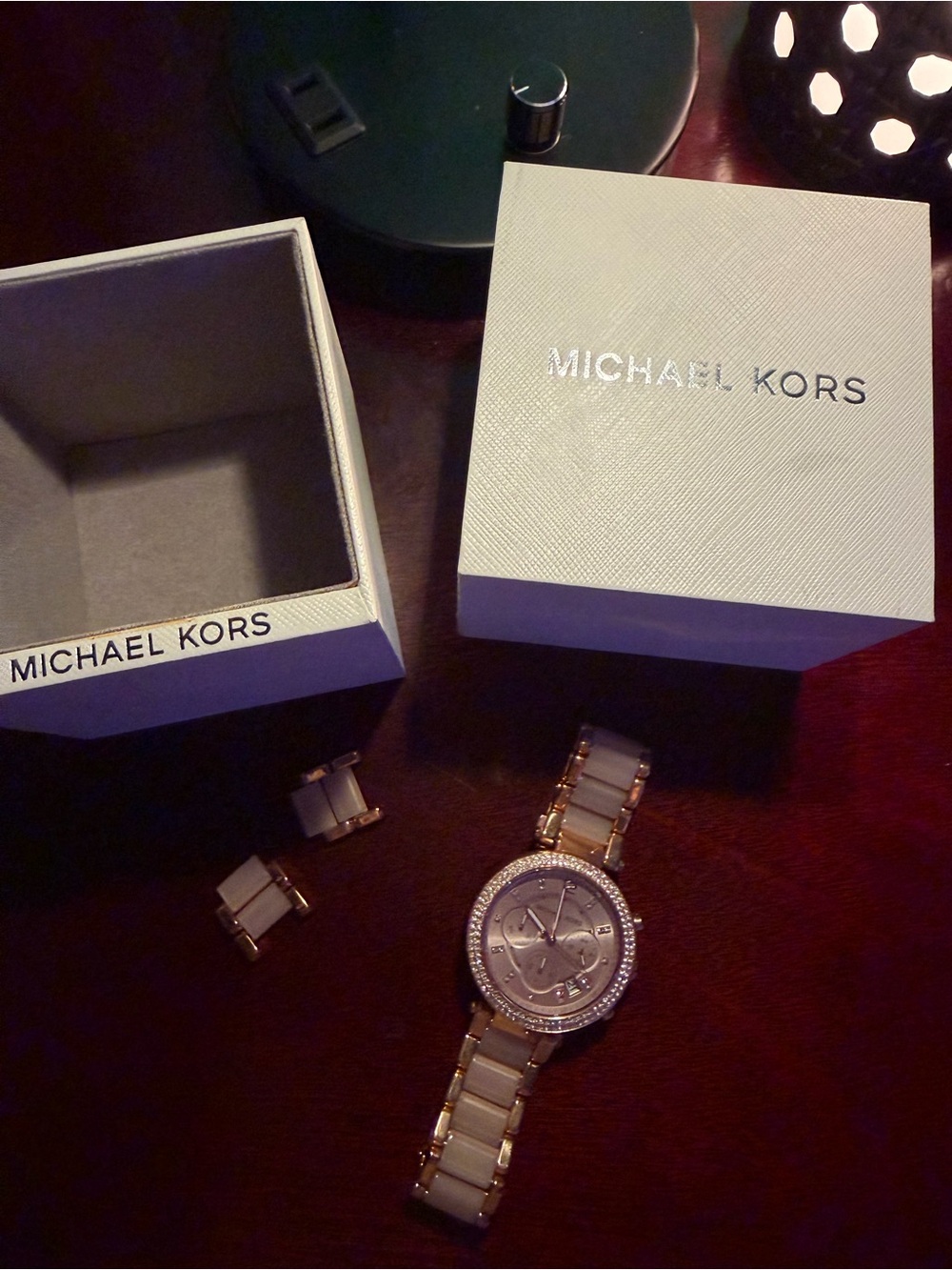Michael Kors Rose Gold and Cream/Pink Ceramic Link Watch with Crystal Accent